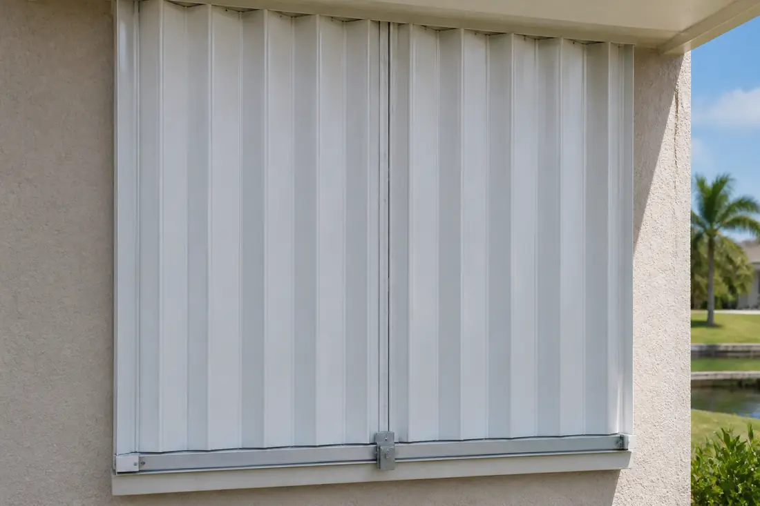 The bottom locking bar of an accordion shutter closed across a window