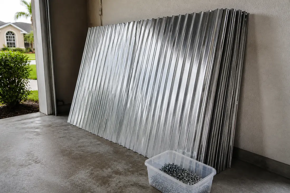 A stack of corrugated aluminum storm panels leaning against a garage wall