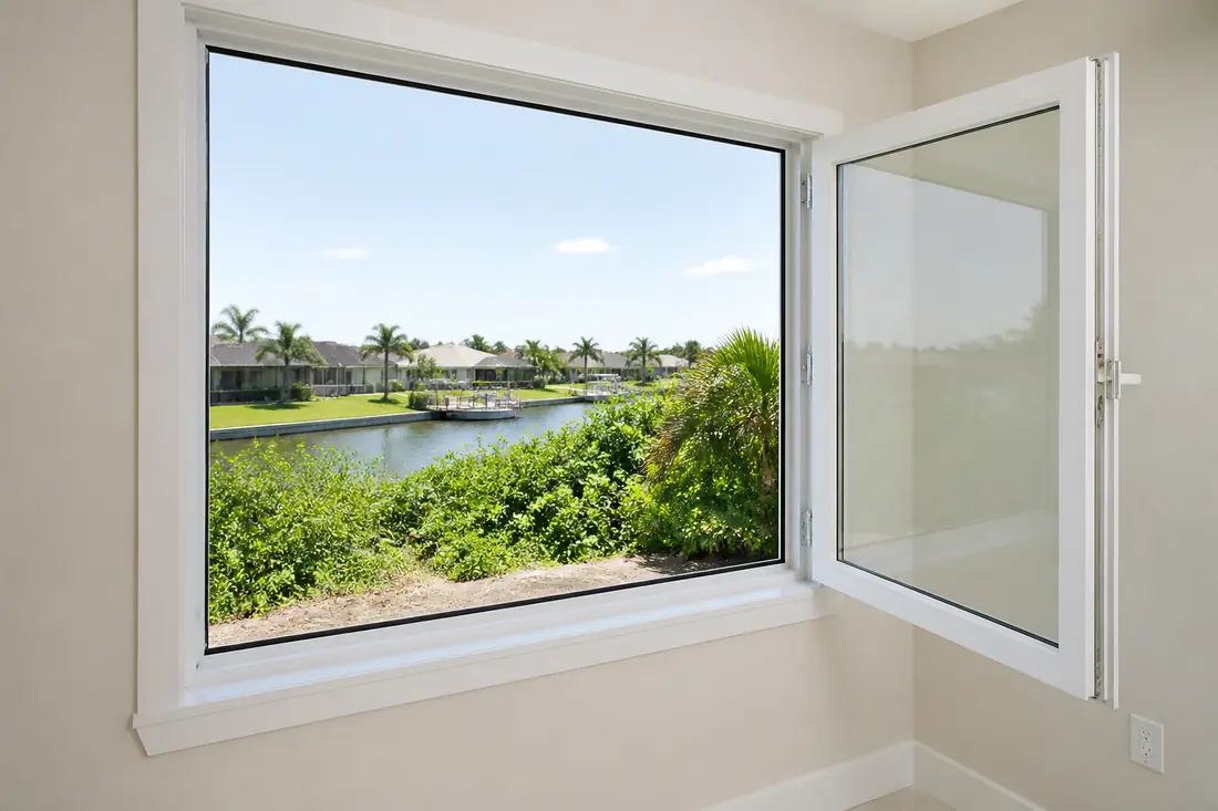 A casement window swung fully open on its hinge, clear of the frame