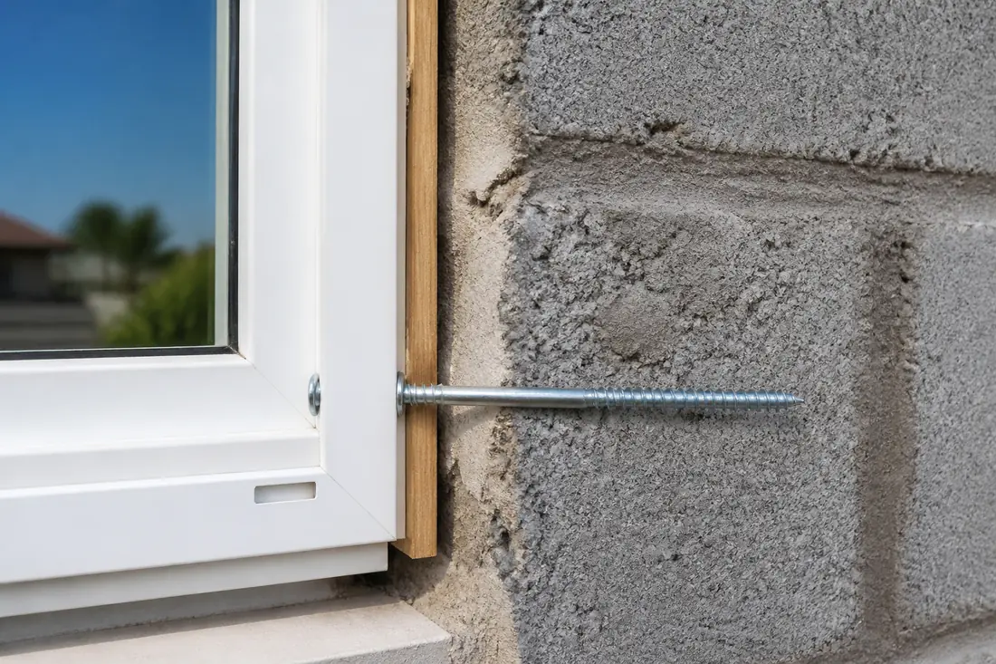An anchor passing through a window frame and a thin wood shim into the block behind